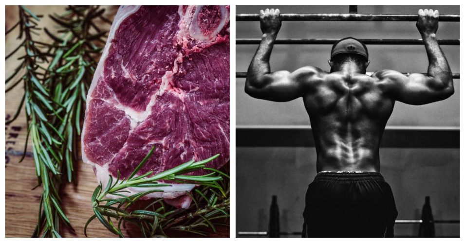 Two pictures of a man engaging in weightlifting exercises and a piece of protein-rich meat.