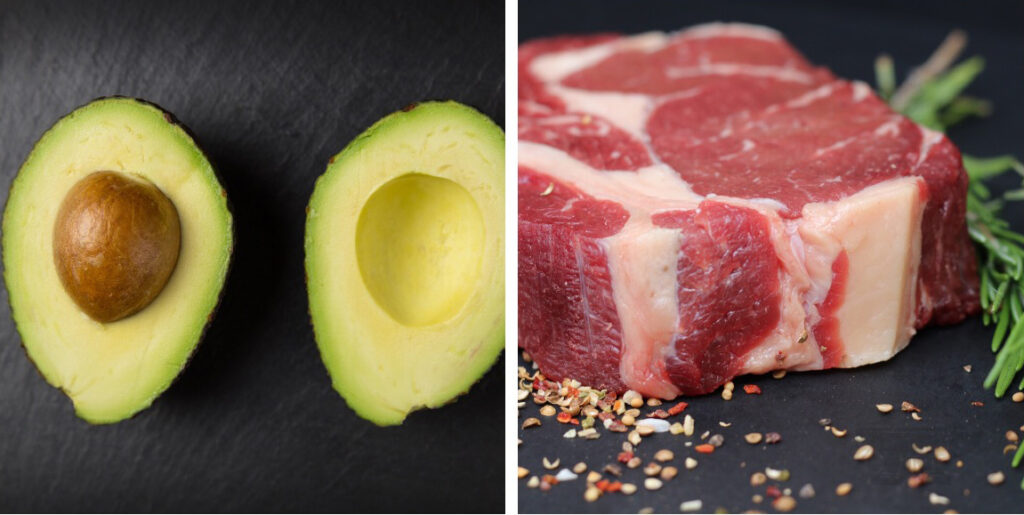 A side-by-side image of avocado and steak as an example of good fat and bad fat.