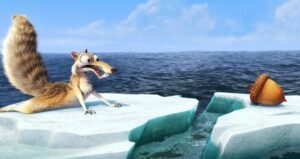A chubby ice age squirrel is sitting on an iceberg