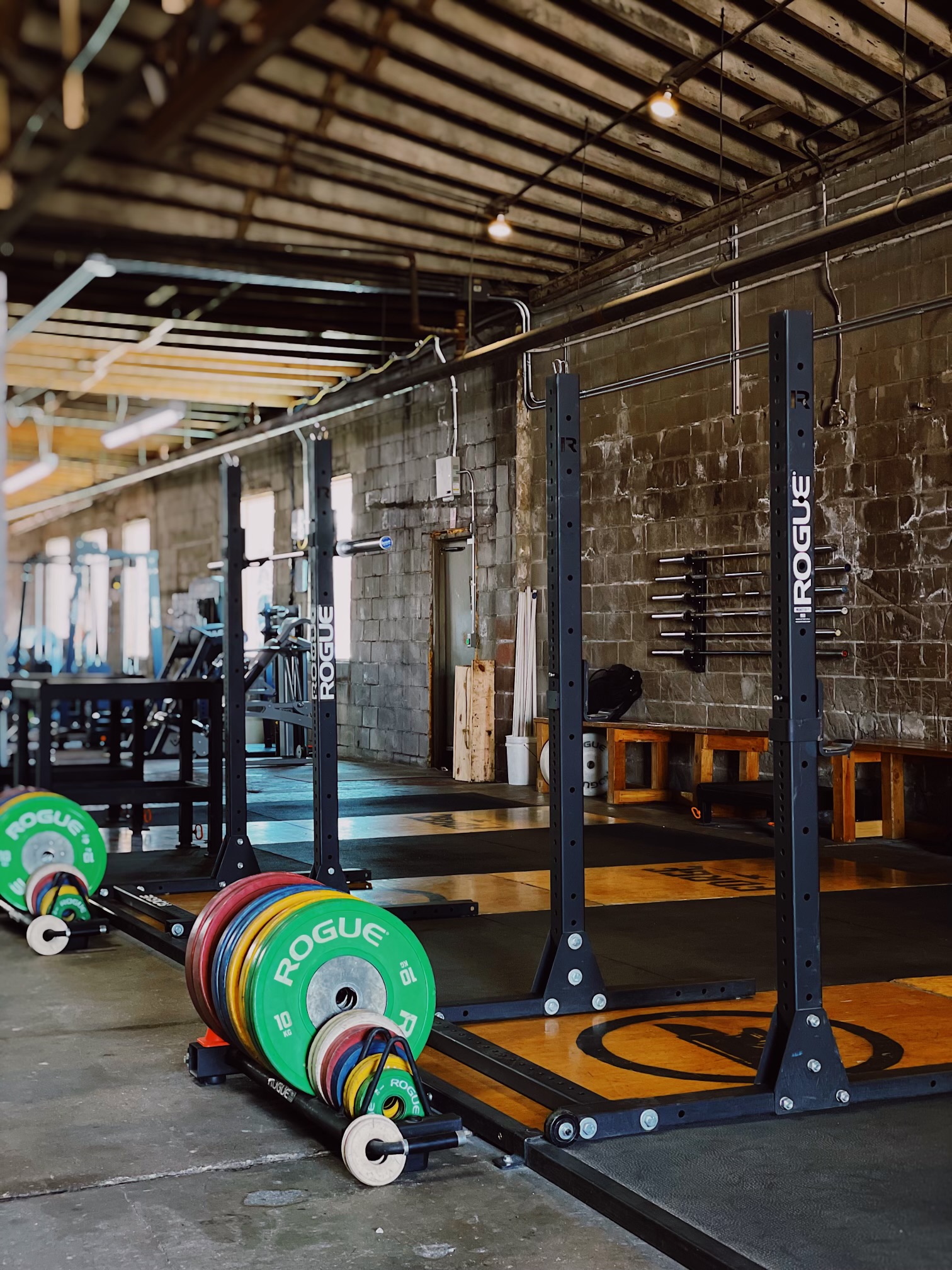 Personal training in a gym with squat racks and weights